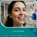 ابتسامة جذابة تظهر نتائج التقويم اللساني الداخلي المخفي تماماً، مع انعكاس لمرآة أسنان توضح شكل التقويم اللساني الداخلي.