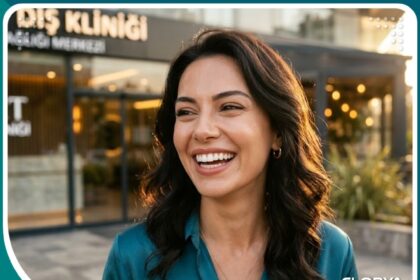 صورة مقربة لامرأة بابتسامة ناصعة البياض ومشرقة بعد جلسة تبييض الاسنان في تركيا.