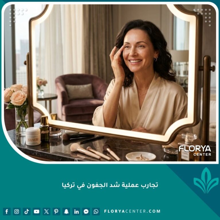 امرأة تنظر في المرآة بسعادة ورضا لتفقد النتائج النهائية بعد نجاح تجربة عملية شد الجفون في تركيا.