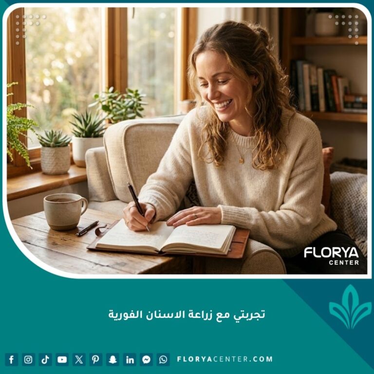صورة واقعية لمريض سعيد يدون تفاصيل تجربتي مع زراعة الأسنان الفورية في مذكراته بابتسامة مثالية ومشرقة.