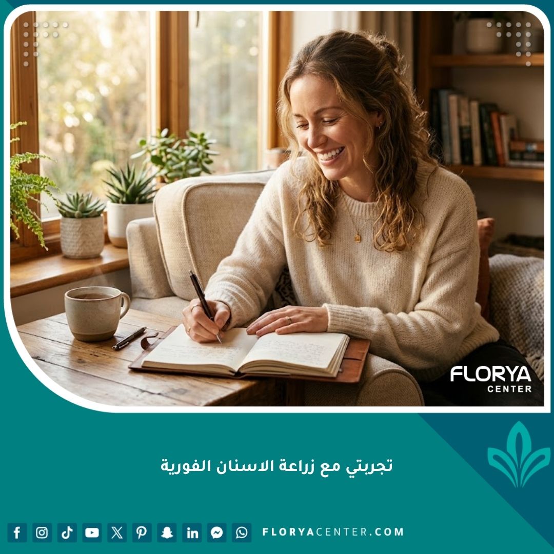 صورة واقعية لمريض سعيد يدون تفاصيل تجربتي مع زراعة الأسنان الفورية في مذكراته بابتسامة مثالية ومشرقة.