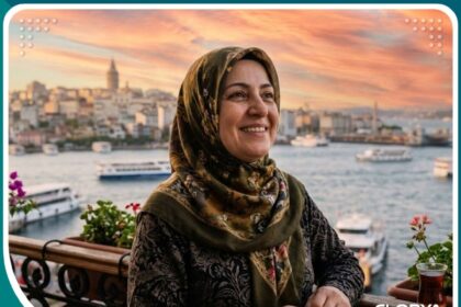 سيدة عربية سعيدة بنتائج عملية تصحيح انقلاب الجفن للداخل في إسطنبول وتنظر إلى البوسفور.