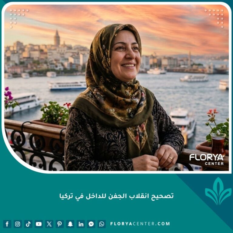 سيدة عربية سعيدة بنتائج عملية تصحيح انقلاب الجفن للداخل في إسطنبول وتنظر إلى البوسفور.