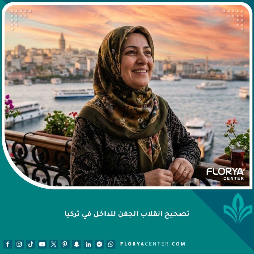 سيدة عربية سعيدة بنتائج عملية تصحيح انقلاب الجفن للداخل في إسطنبول وتنظر إلى البوسفور.