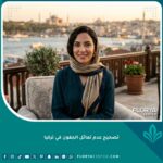 مريضة عربية تبتسم بثقة بعد نجاح عملية تصحيح عدم تماثل الجفون في تركيا، تظهر العيون متماثلة ومشرقة، مع خلفية البوسفور في إسطنبول.