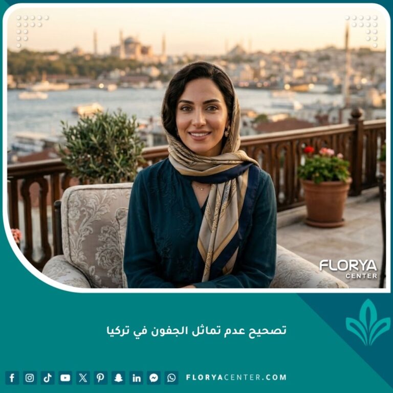 مريضة عربية تبتسم بثقة بعد نجاح عملية تصحيح عدم تماثل الجفون في تركيا، تظهر العيون متماثلة ومشرقة، مع خلفية البوسفور في إسطنبول.