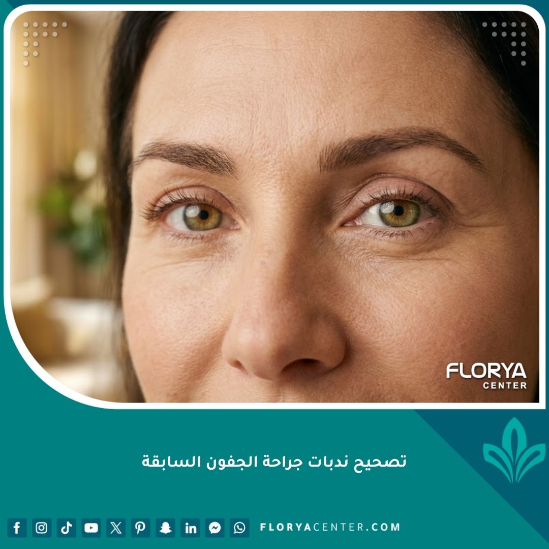 صورة مقربة لعيون شابة ومرتاحة بعد عملية ناجحة لتصحيح ندبات جراحة الجفون السابقة، تعكس نتائج طبيعية وبدون آثار واضحة.