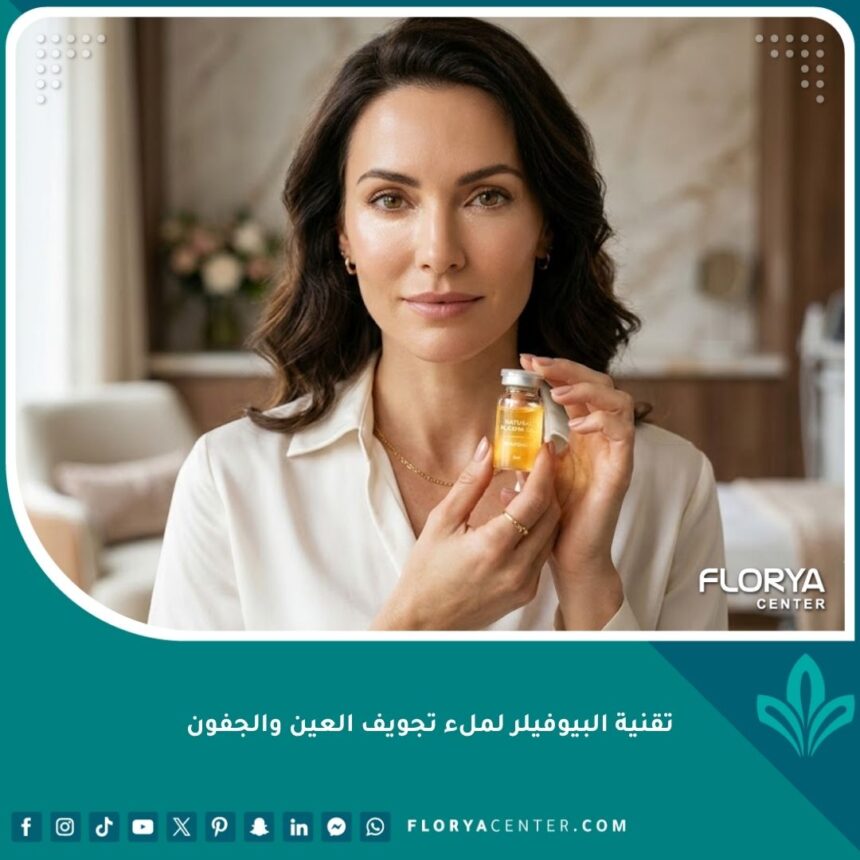 صورة مقربة لامرأة تتمتع ببشرة نضرة ومحيط عين ممتلئ ومشرق بعد استخدام تقنية البيوفيلر لملء تجويف العين.