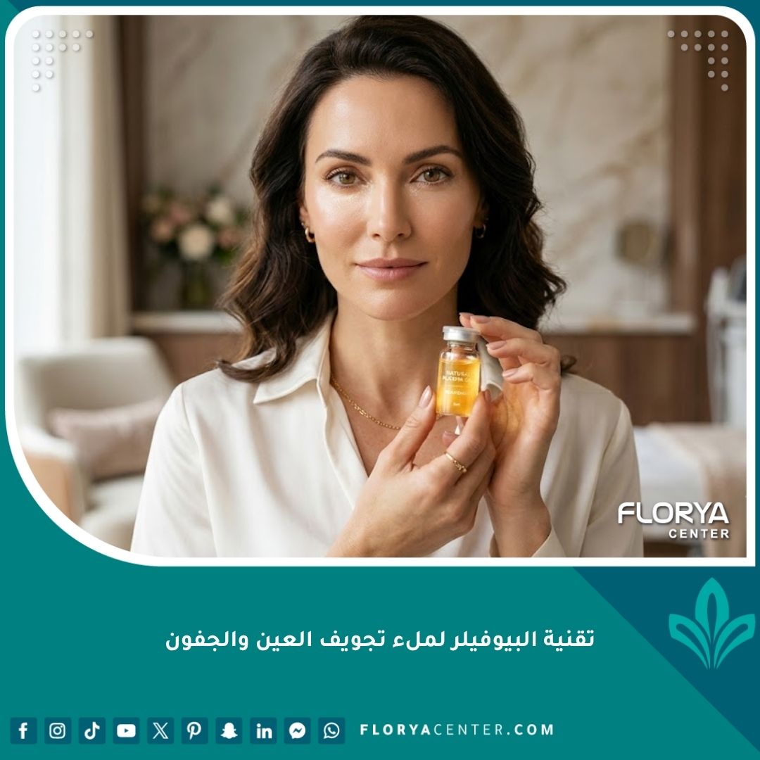 صورة مقربة لامرأة تتمتع ببشرة نضرة ومحيط عين ممتلئ ومشرق بعد استخدام تقنية البيوفيلر لملء تجويف العين.