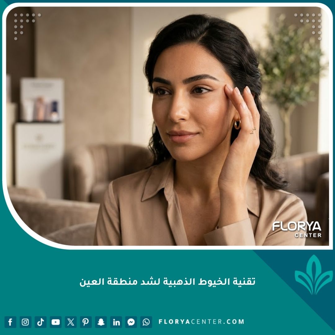 امرأة ذات بشرة نضرة تبرز جمال عينيها وشبابها بعد إجراء تقنية الخيوط الذهبية لشد منطقة العين بدون جراحة.