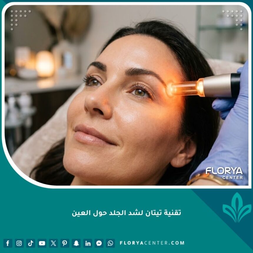 جلسة تقنية تيتان لشد الجلد حول العينين باستخدام الأشعة تحت الحمراء في عيادة تجميل حديثة.