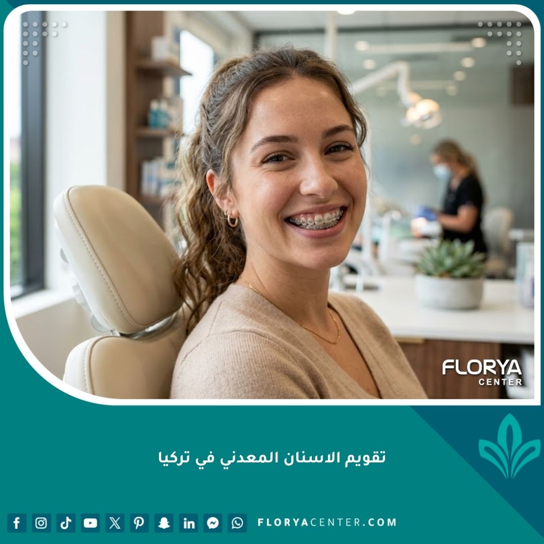 صورة لشاب يبتسم بثقة يضع تقويم الاسنان المعدني في عيادة أسنان حديثة ومجهزة في تركيا.