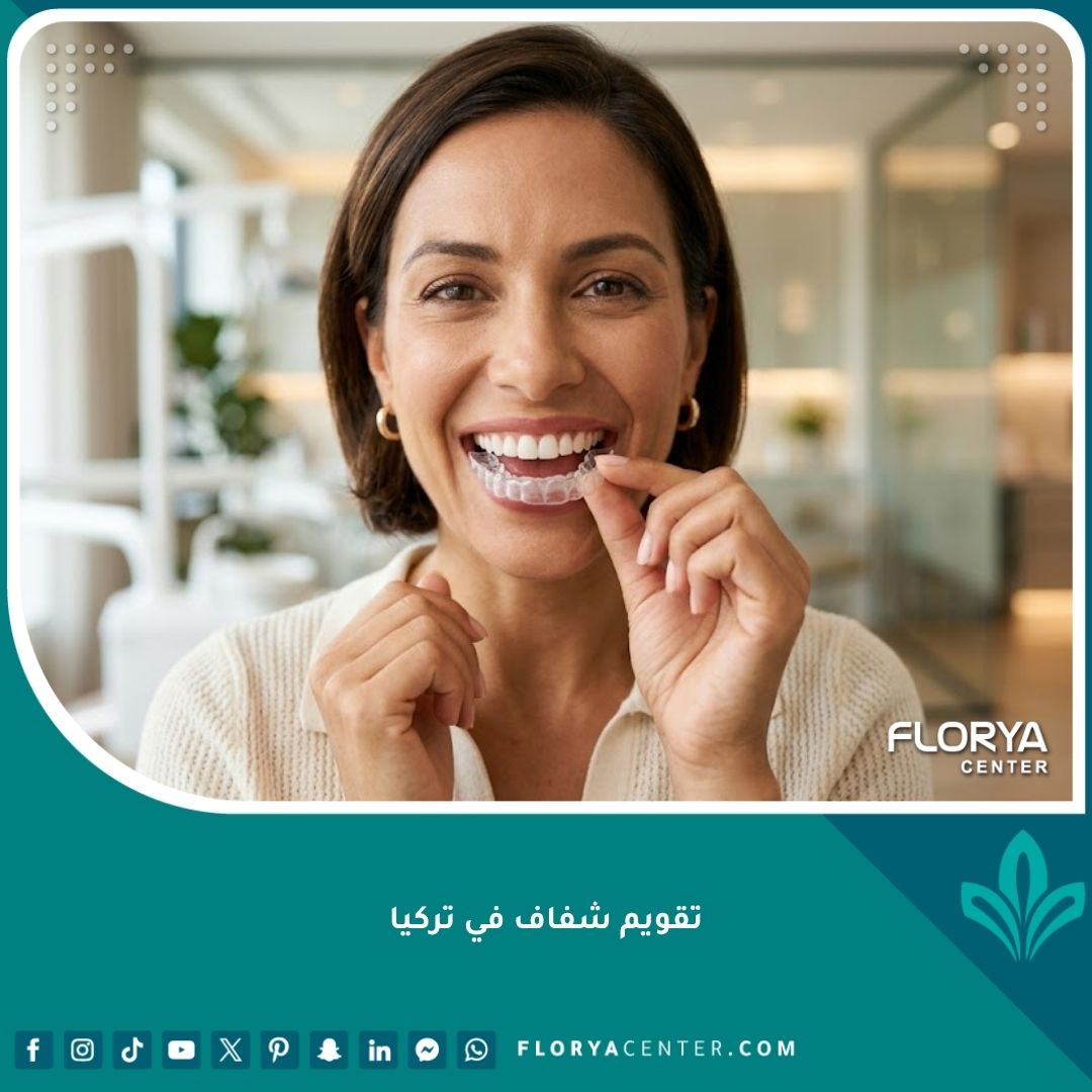 شخص يبتسم بثقة ويحمل تقويم أسنان شفاف يبرز جمال الابتسامة بدون مظهر معدني.