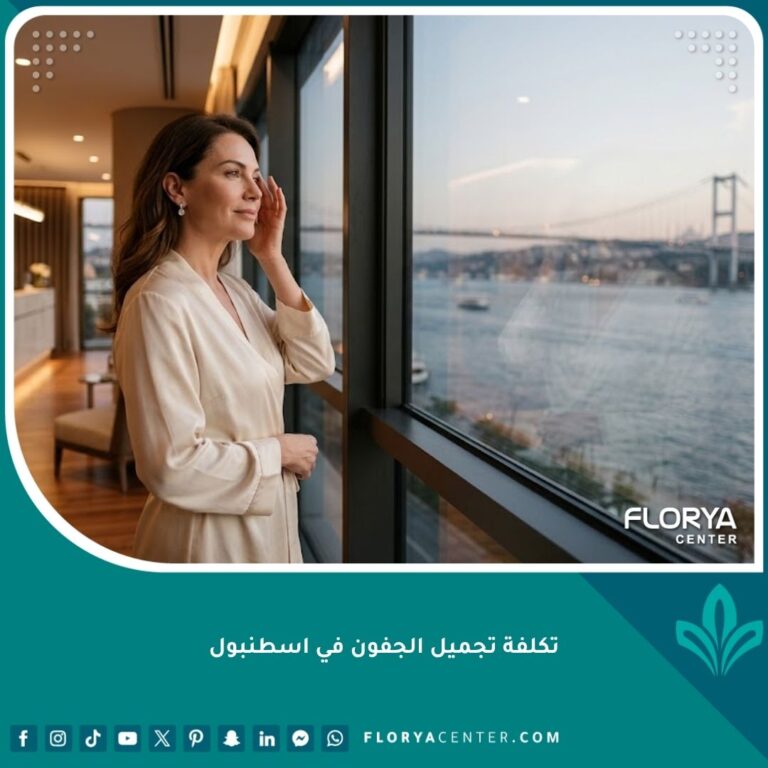 سيدة تنظر من نافذة عيادة تجميل فاخرة في إسطنبول بعد نجاح عملية تجميل الجفون، تعكس جودة السياحة العلاجية في تركيا.