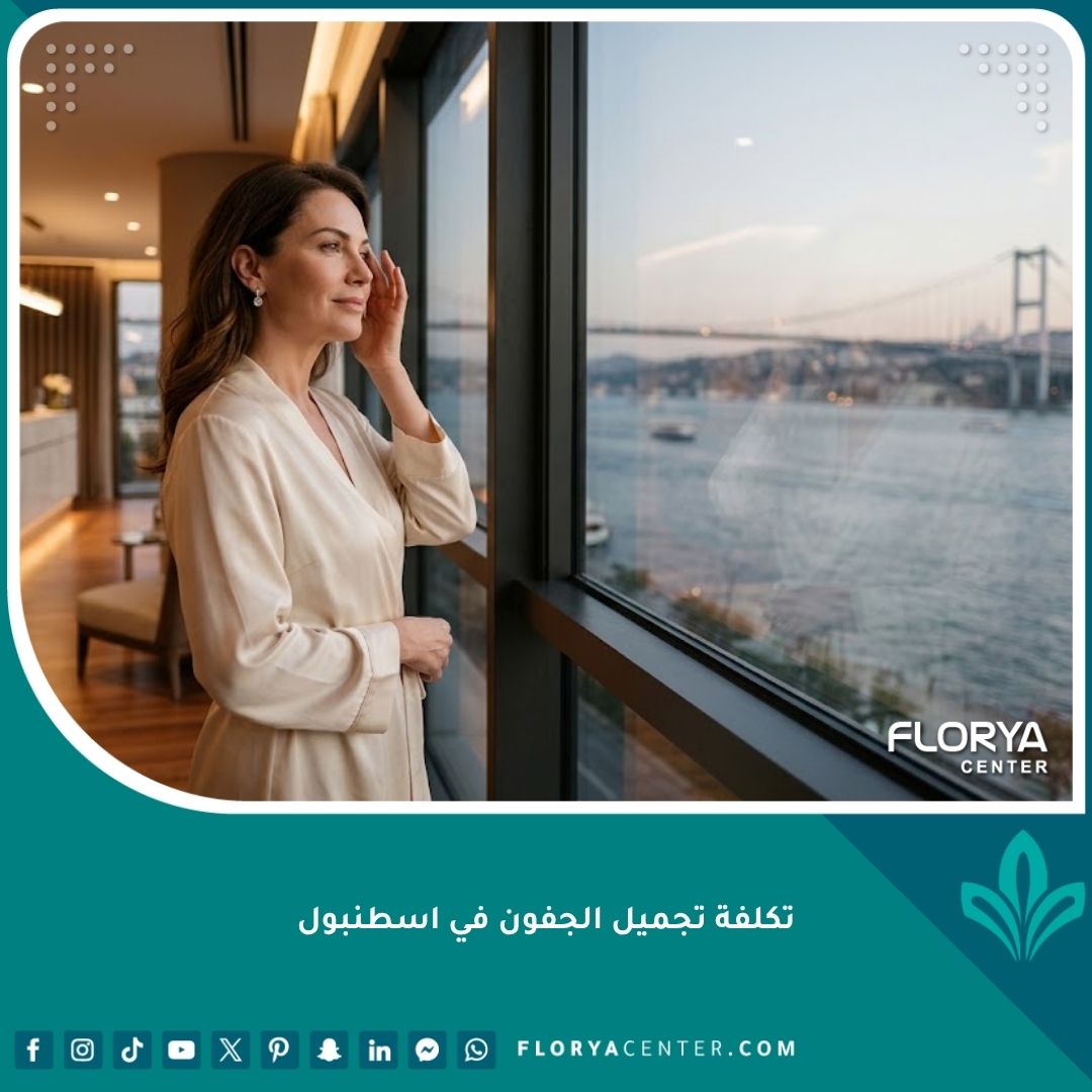 سيدة تنظر من نافذة عيادة تجميل فاخرة في إسطنبول بعد نجاح عملية تجميل الجفون، تعكس جودة السياحة العلاجية في تركيا.