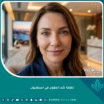 مريضة تبتسم بعد معرفة تكلفة شد الجفون في اسطنبول وتظهر عيناها مظهرًا شابًا ومشدودًا داخل عيادة تجميل فاخرة.