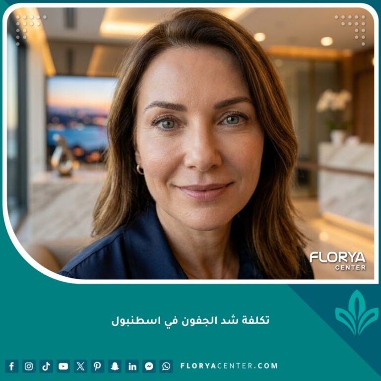 مريضة تبتسم بعد معرفة تكلفة شد الجفون في اسطنبول وتظهر عيناها مظهرًا شابًا ومشدودًا داخل عيادة تجميل فاخرة.