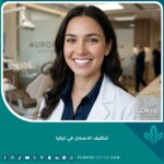 صورة مقربة لامرأة تتمتع بابتسامة ناصعة البياض بعد جلسة تنظيف الاسنان في تركيا لإزالة الجير.