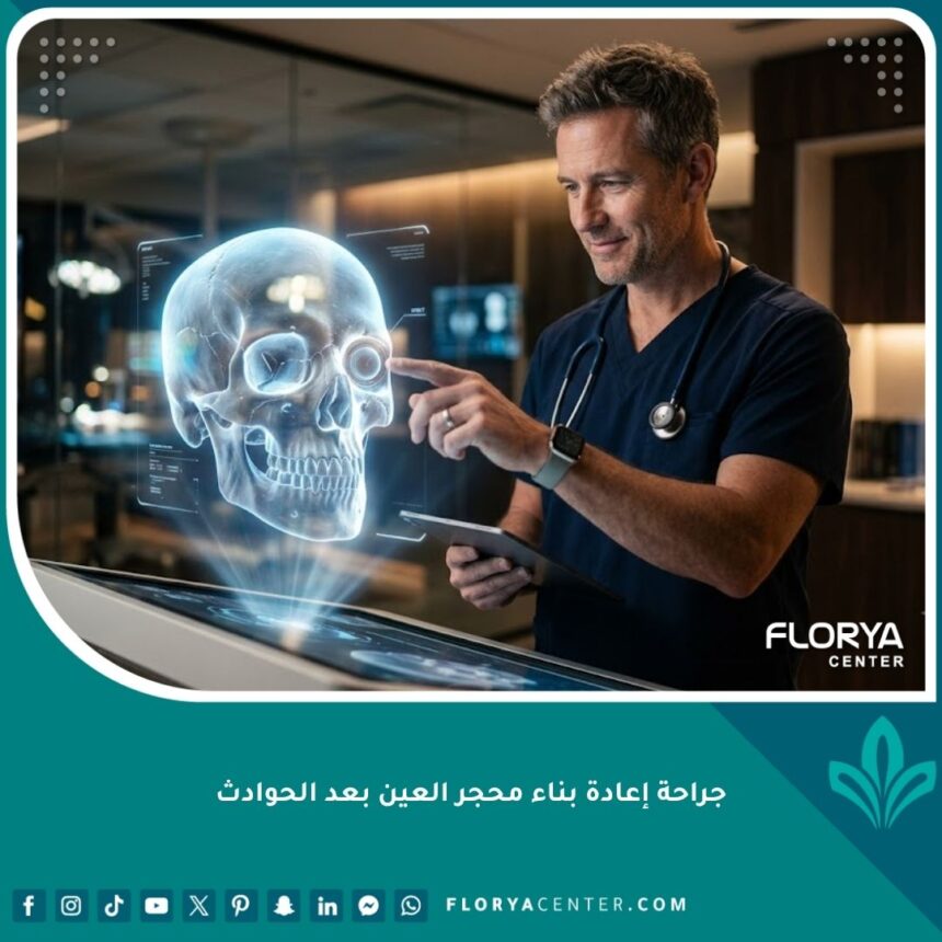طبيب جراح خبير يدرس أشعة ثلاثية الأبعاد قبل إجراء جراحة إعادة بناء محجر العين بعد الحوادث.