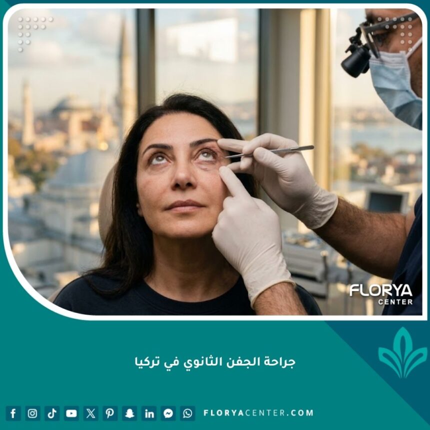 صورة واقعية تُظهر خبيراً يحلل حالة جفن مريض لفحص مضاعفات عملية جراحية سابقة في اسطنبول، تمهيداً لإجراء جراحة الجفن الثانوي.