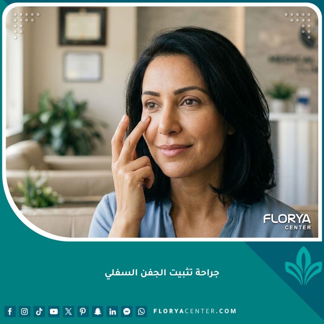سيدة سعيدة بنتائج جراحة تثبيت الجفن السفلي وعلاج ارتخاء الجفون للحصول على عيون جذابة وشابة.