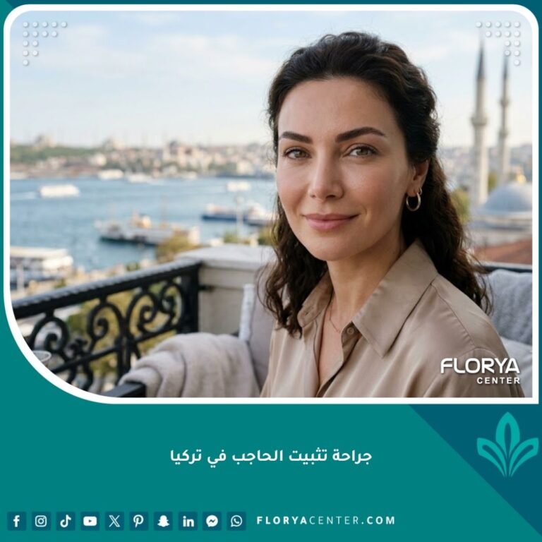 صورة مميزة تظهر امرأة بعد جراحة تثبيت الحاجب في تركيا، بإطلالة طبيعية وأنيقة، لقطة سينمائية.