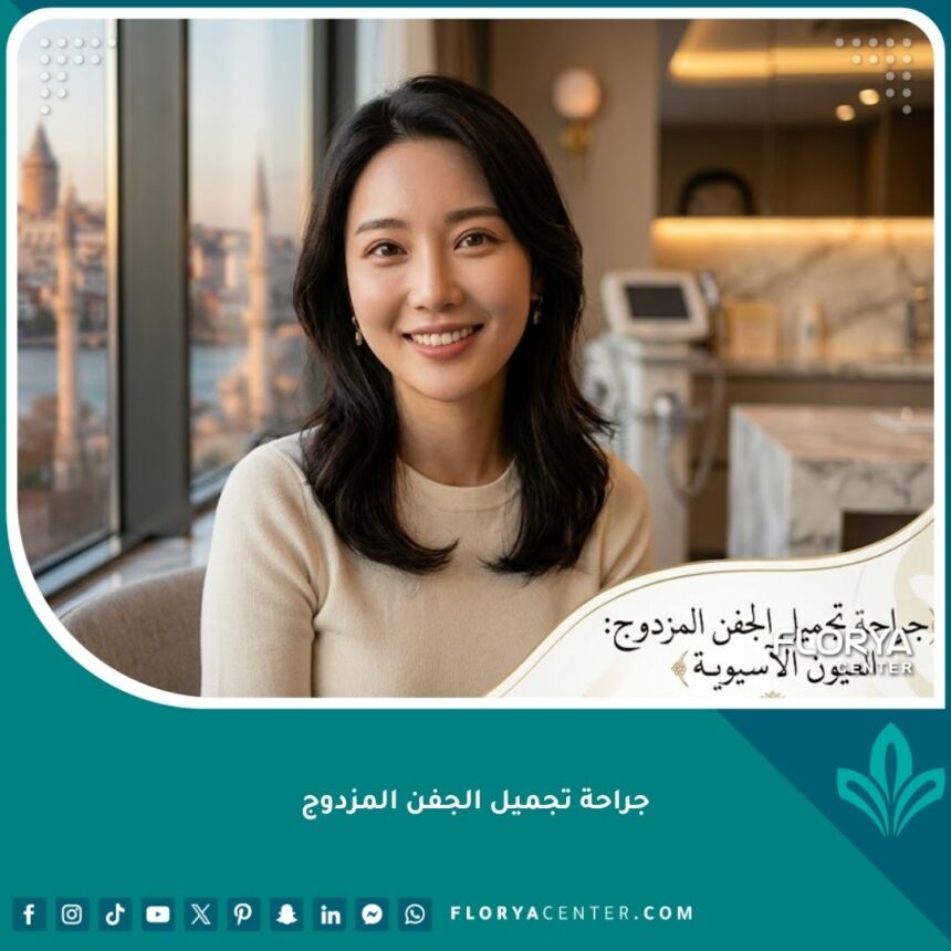 جراحة تجميل الجفن المزدوج 1 صورة مميزة تظهر امرأة آسيوية شابة بعيون محددة وجميلة بعد جراحة تجميل الجفن المزدوج، مع خلفية ضبابية لعيادة طبية واسطنبول.