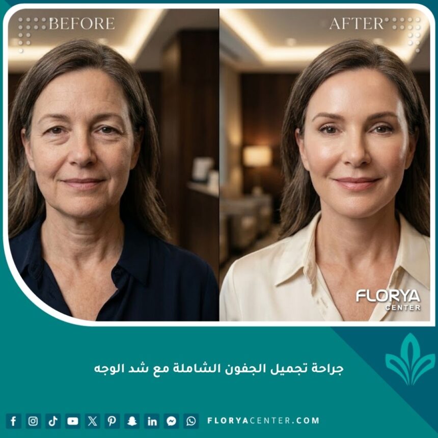 جراحة تجميل الجفون الشاملة مع شد الوجه 1 نتيجة جراحة تجميل الجفون الشاملة مع شد الوجه قبل وبعد لامرأة تبدو أصغر سناً بملامح مشدودة ونضرة.