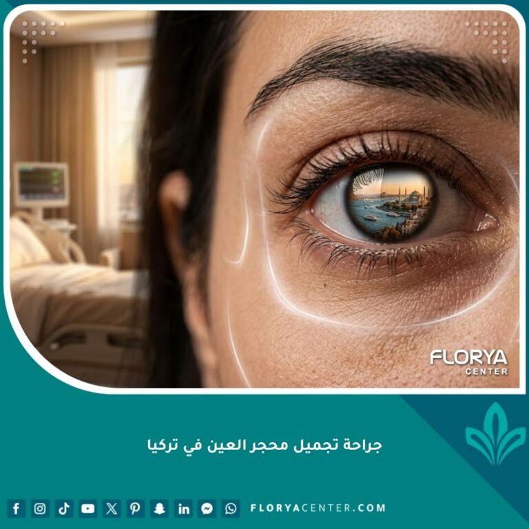 لقطة سينمائية مقربة لعين امرأة تظهر انعكاس معالم إسطنبول، ترمز لنتائج جراحة تجميل محجر العين الناجحة في تركيا.