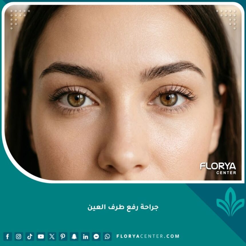 صورة مقربة لعينين جذابتين بعد جراحة رفع طرف العين، تبرز الشكل اللوزي الجذاب ونتائج عملية سحب زاوية العين الخارجية بنجاح.
