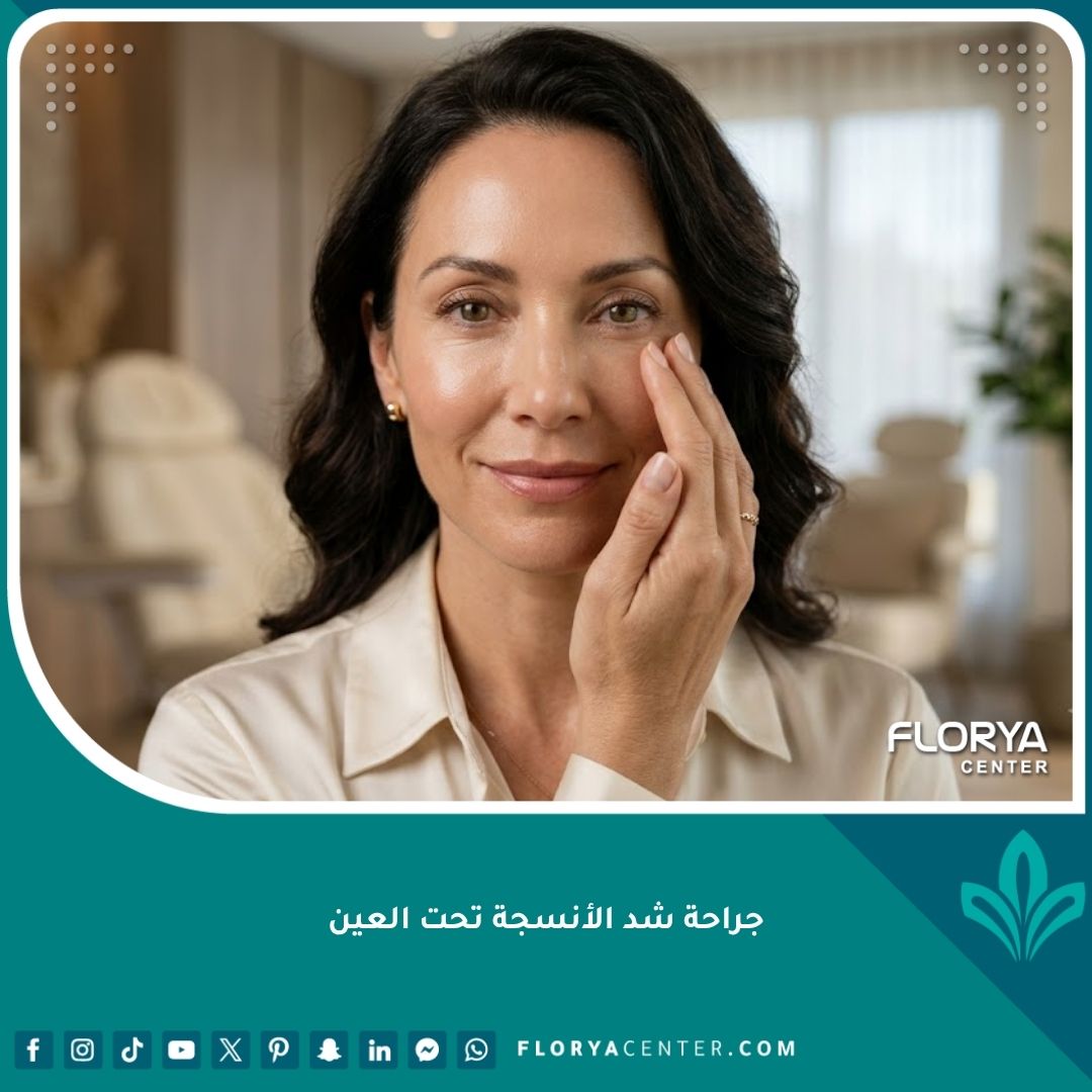 صورة مقربة لامرأة تتمتع بنضارة أسفل العين بعد نجاح جراحة شد الأنسجة تحت العين وتدعيم العضلات.
