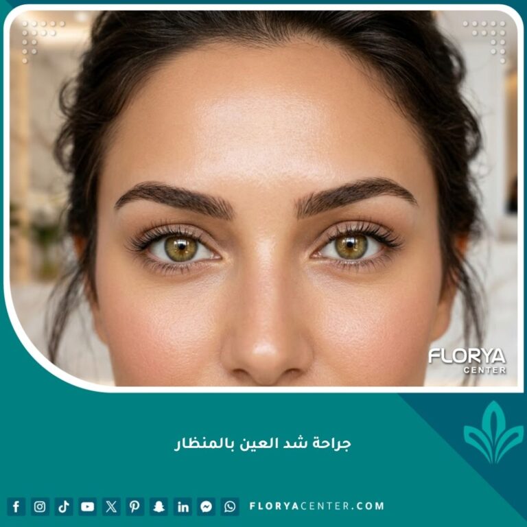 امرأة جميلة تظهر نتائج جراحة شد العين بالمنظار وعيون مرفوعة وشبابية بدون ندبات مرئية.