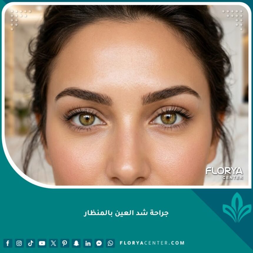 امرأة جميلة تظهر نتائج جراحة شد العين بالمنظار وعيون مرفوعة وشبابية بدون ندبات مرئية.