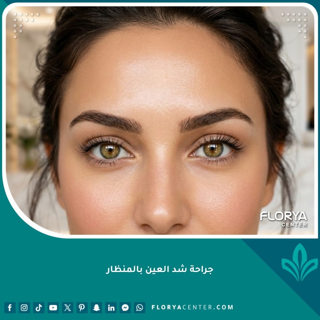 امرأة جميلة تظهر نتائج جراحة شد العين بالمنظار وعيون مرفوعة وشبابية بدون ندبات مرئية.