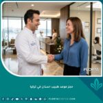 حجز موعد طبيب اسنان في تركيا، مريض سعيد يصافح طبيب أسنان محترف في عيادة تركية حديثة وفخمة.