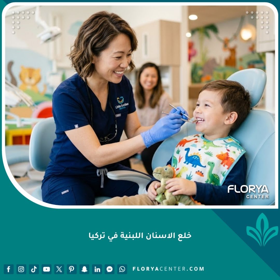 طبيب أسنان أطفال ودود يفحص أسنان طفل مبتسم في عيادة حديثة، خلع الاسنان اللبنية في تركيا بأمان.