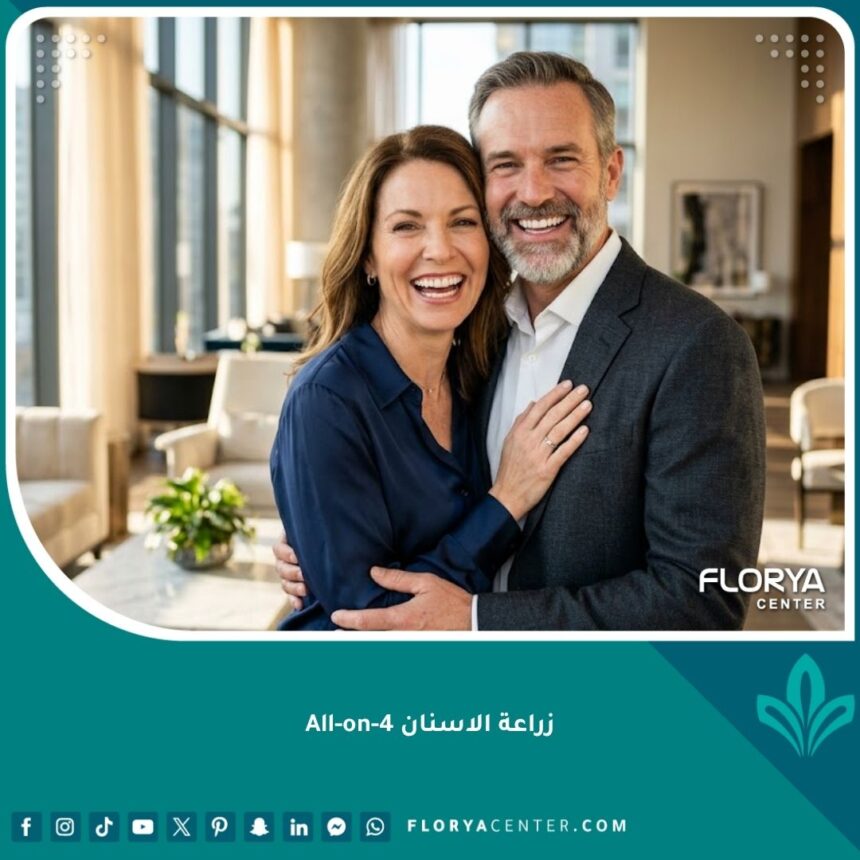 صورة واقعية لرجل وامرأة بابتسامة مشرقة تعكس نجاح زراعة الاسنان All-on-4 في استعادة الثقة.