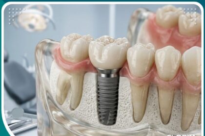 صورة مقربة عالية الدقة توضح متانة وقوة زراعة الاسنان الخلفية باستخدام غرسات التيتانيوم لتحمل قوى المضغ.