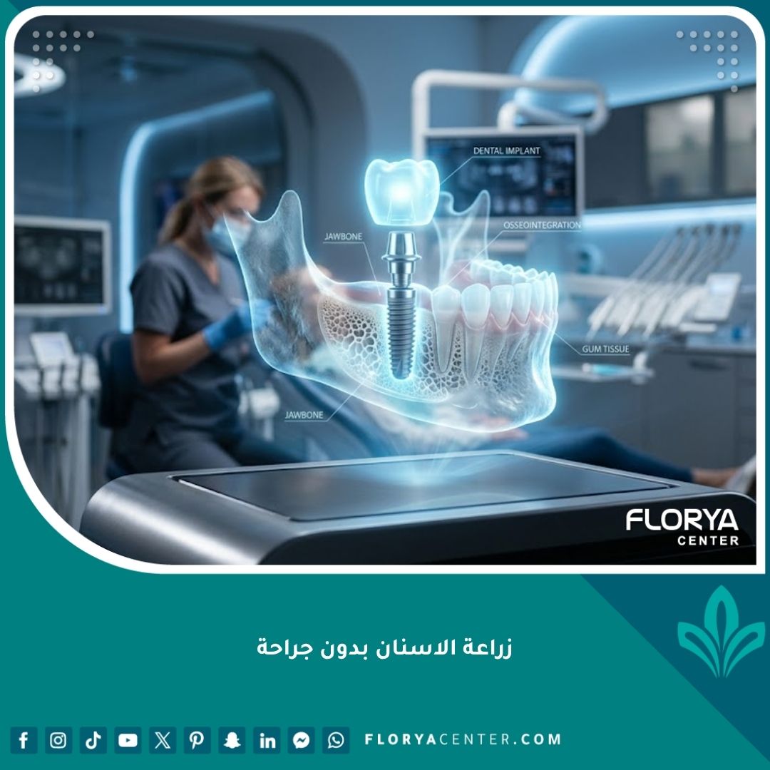 صورة عالية الدقة توضح تقنية زراعة الأسنان بدون جراحة باستخدام التكنولوجيا ثلاثية الأبعاد المتقدمة.