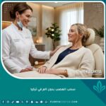 مريض يشعر بالاسترخاء والراحة أثناء جلسة سحب العصب بدون ألم في عيادة أسنان حديثة في تركيا.