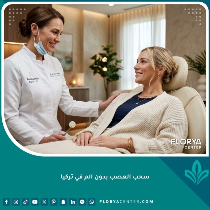 مريض يشعر بالاسترخاء والراحة أثناء جلسة سحب العصب بدون ألم في عيادة أسنان حديثة في تركيا.