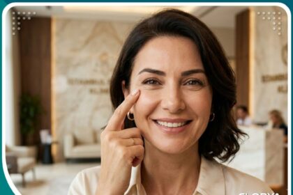 امرأة ذات عيون شابة ومشدودة تبتسم بثقة بعد إجراء عملية شد الجفون في عيادة تجميل فخمة في إسطنبول.