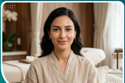 امرأة بملامح جذابة ومنطقة تحت العين مشدودة ونضرة بعد إجراء شد الجفون السفلية بدون جراحة.
