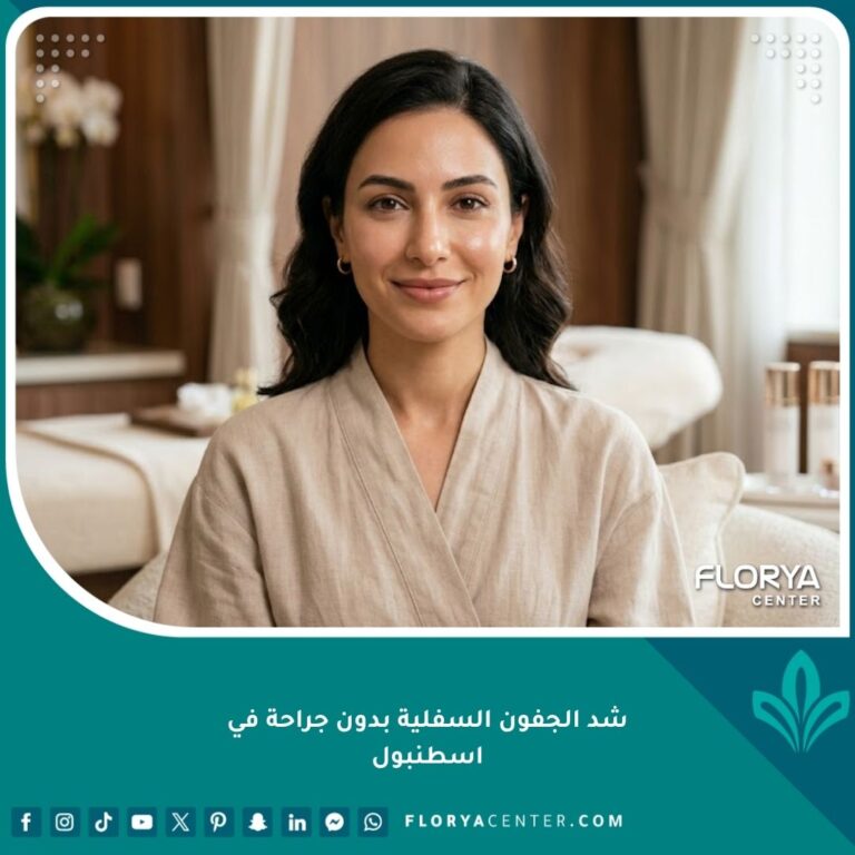 امرأة بملامح جذابة ومنطقة تحت العين مشدودة ونضرة بعد إجراء شد الجفون السفلية بدون جراحة.