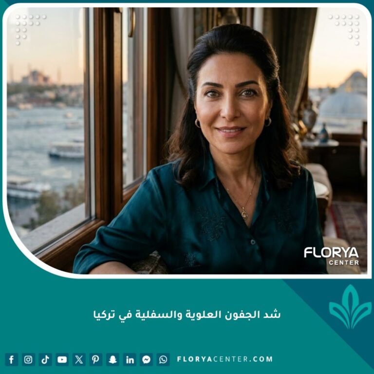 امرأة عربية تبدو شابة ومشرقة بعد عملية شد الجفون العلوية والسفلية الشاملة (الأجفان الأربعة) في اسطنبول تركيا، تظهر ملامحها نضارة وحيوية.