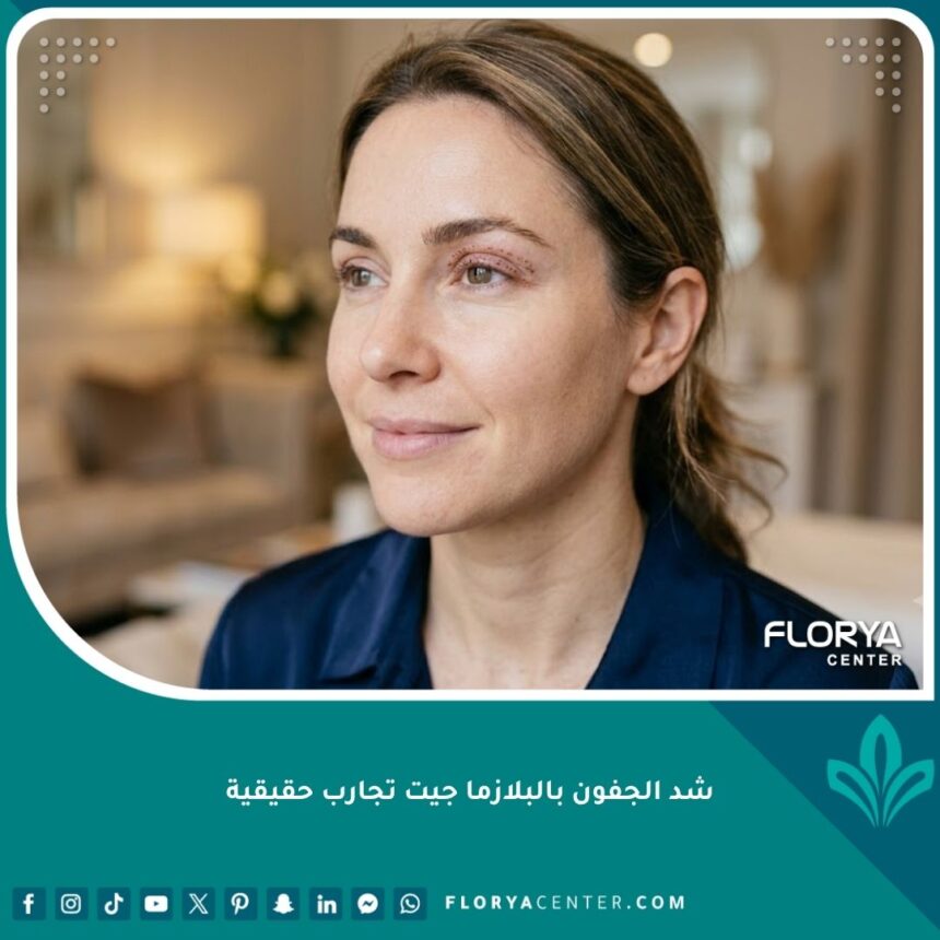 صورة واقعية سينمائية لتجربة حقيقية لشد الجفون بالبلازما جيت تظهر النتائج الطبيعية والنقاط الدقيقة المؤقتة.