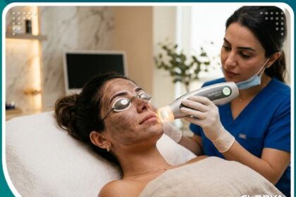امرأة تخضع لجلسة تجميل الجفون بالليزر الكربوني بدون ألم في عيادة حديثة في اسطنبول.