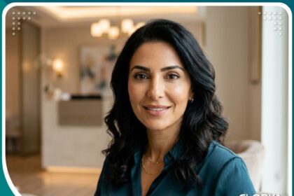 امرأة تتمتع بعيون شابة وجفون مشدودة بعد الخضوع لإجراء شد الجفون بالليزر في عيادة تجميل.