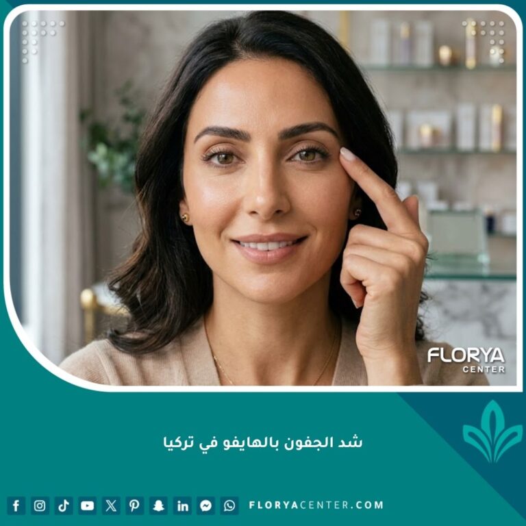 امرأة ذات بشرة نضرة تبرز جمال عينيها بعد إجراء شد الجفون بالهايفو في تركيا بدون جراحة.