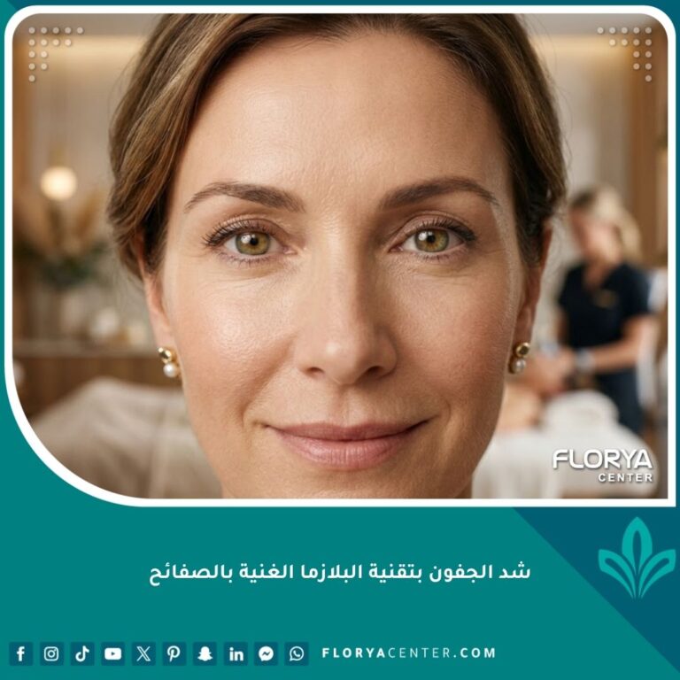صورة مقربة لامرأة تتمتع ببشرة نضرة ومشدودة حول العينين بعد علاج شد الجفون بتقنية البلازما الغنية بالصفائح PRP.